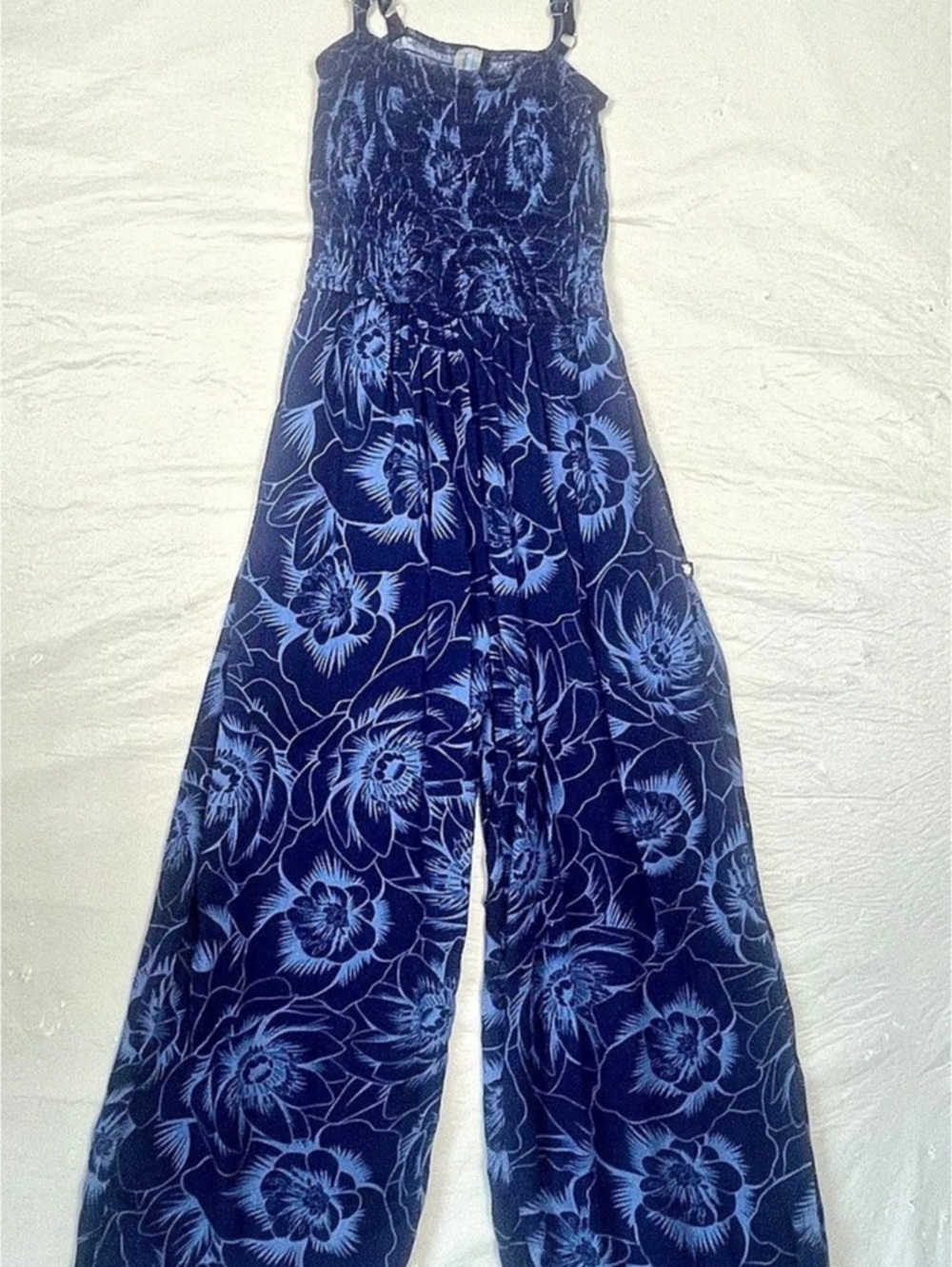 La Vie en Rose Aqua Navy Floral Palazzo Jumpsuit Smocked Bodice XS